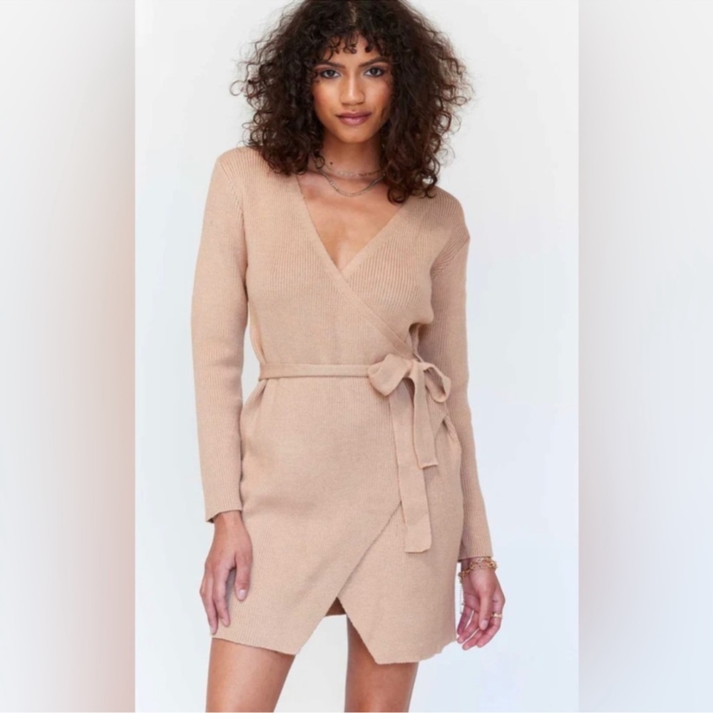 Princess Polly S/M Know My Name Beige Asymmetrical V Neck Sweater Dress
